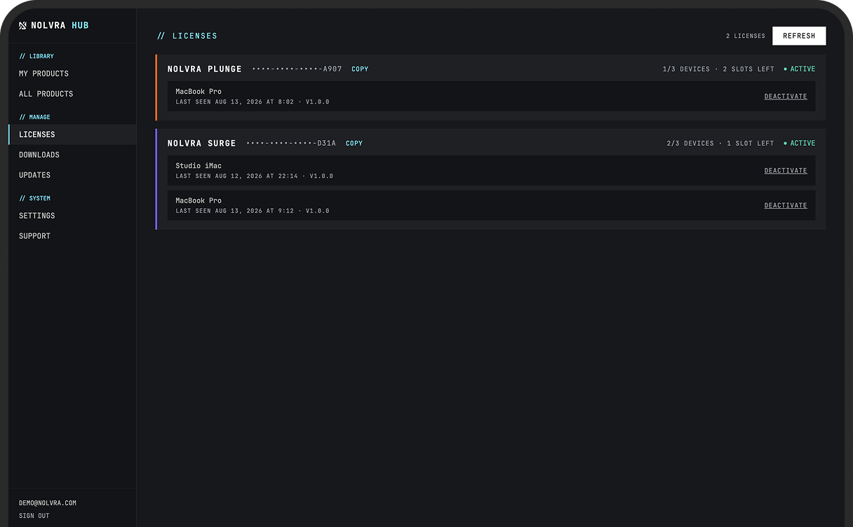 Nolvra Hub — license keys